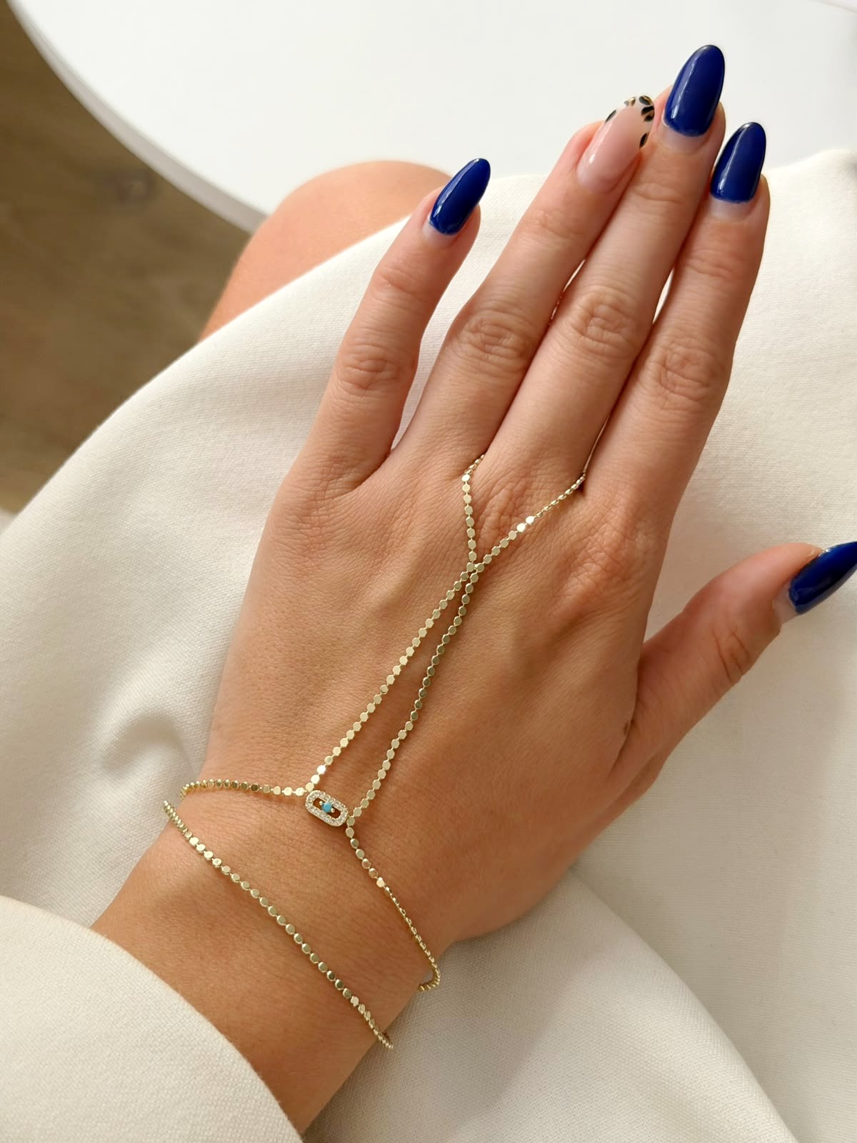 Gold CZ Pave Oval Turquoise Evil Eye Flat Disc Chain Hand Chain - CW1HANDCHAIN0064 | Wholesale Stainless Steel Jewelry Catwalk Jewellery Europe