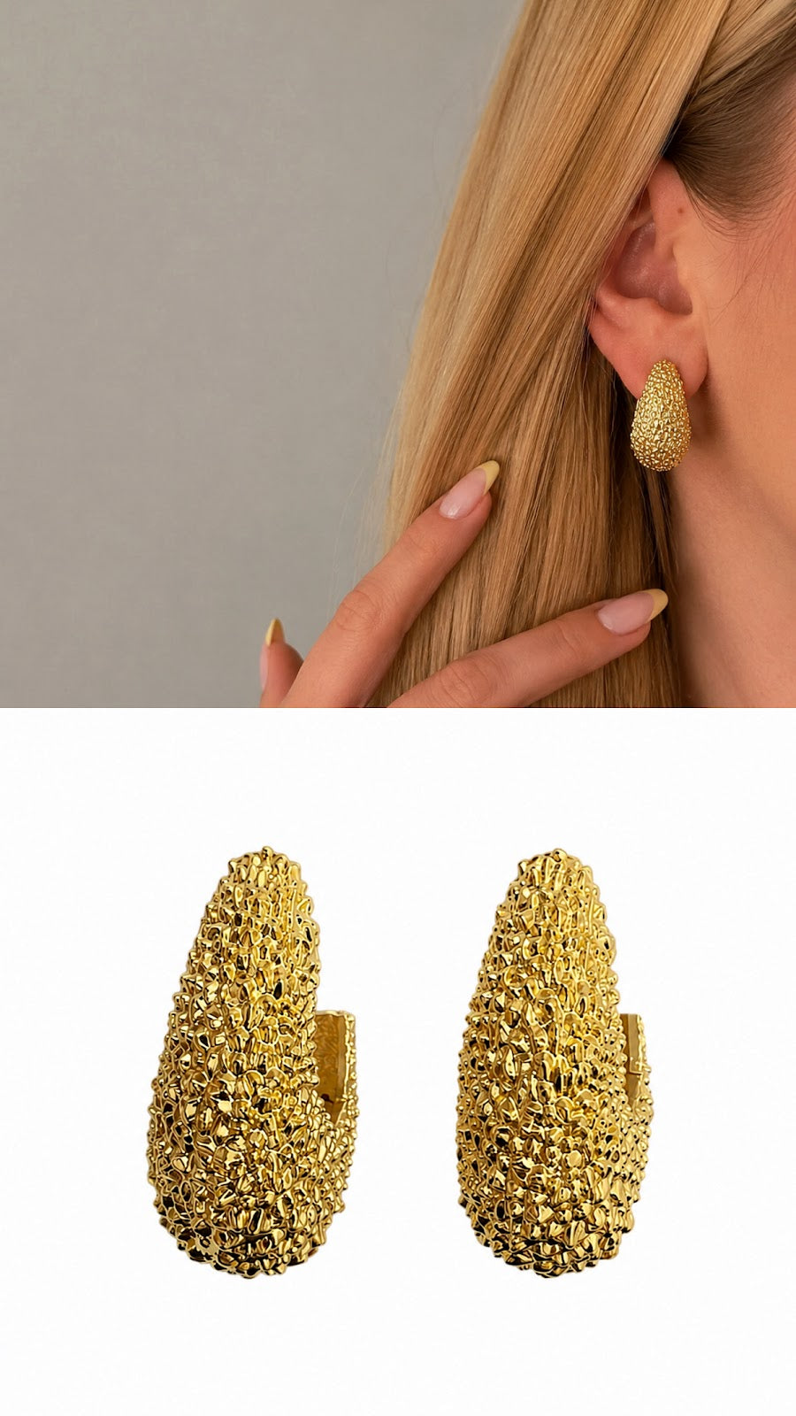 Gold Molten Texture Chunky Teardrop Huggie Hoop Late Summer Statement Earrings - CW1VPEARNG00261 | Wholesale Stainless Steel Jewelry Catwalk Jewellery Europe