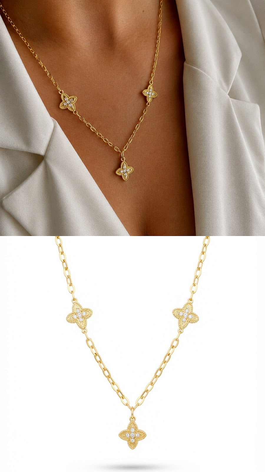 18K Gold Plated Stainless Steel Pave CZ Clover Station Link Chain Necklace Wholesale - CW1NKL00162 | Wholesale Stainless Steel Jewelry Catwalk Jewellery Europe