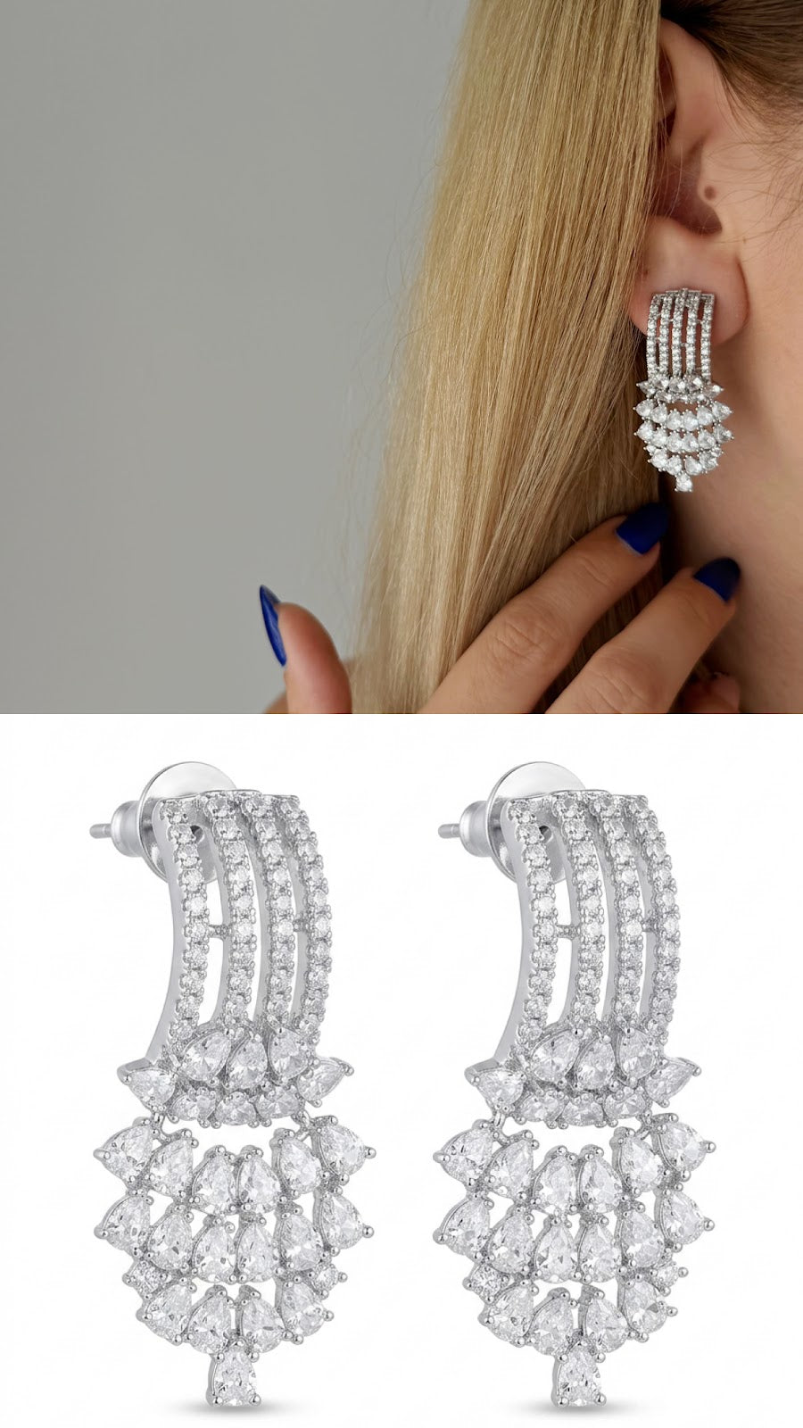 Silver CZ Pave Graduated Tier Cluster Statement Drop Earrings - CW1STEAR0019 | Wholesale Stainless Steel Jewelry Catwalk Jewellery Europe