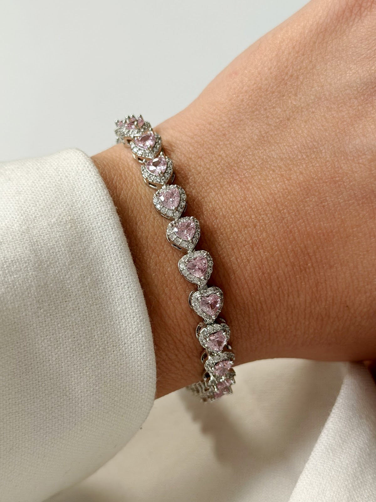 Silver Pink Heart Cut CZ Halo Tennis Bracelet - CW1VPBRCLT00203 | Wholesale Stainless Steel Jewelry Catwalk Jewellery Europe