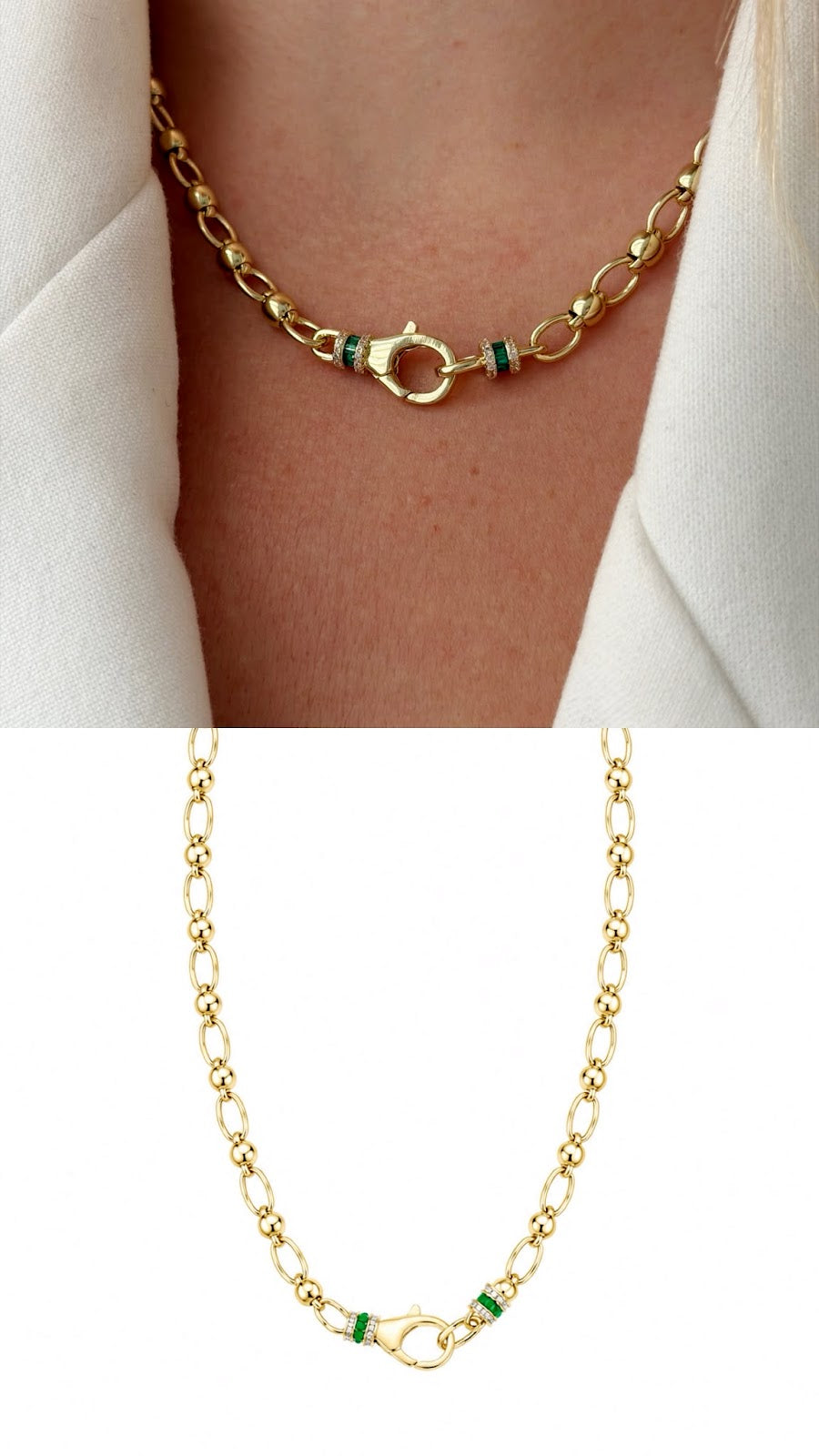 Gold CZ Baguette Green Emerald Enamel Front Clasp Beaded Station Necklace - CW1NKL00123 | Wholesale Stainless Steel Jewelry Catwalk Jewellery Europe