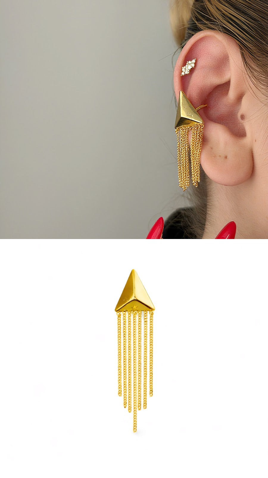 Gold Pyramid Fringe Chain Tassel Dangle Ear Cuff - CW1EARCUFF0029 | Wholesale Stainless Steel Jewelry Catwalk Jewellery Europe