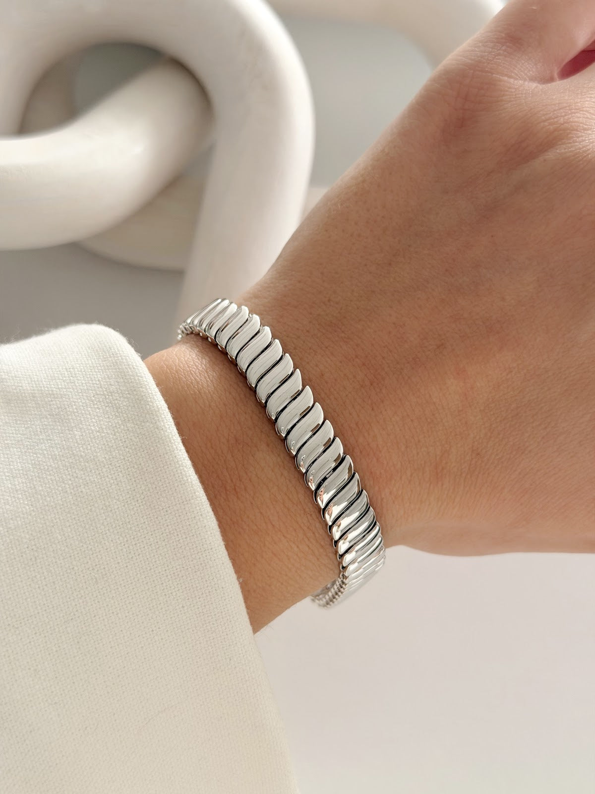 Silver Ribbed Tubogas Stretch Link Bracelet - CW1VPBRCLT00270 | Wholesale Stainless Steel Jewelry Catwalk Jewellery Europe