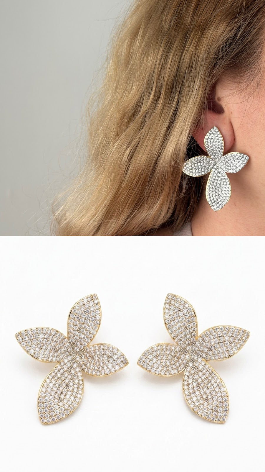 Gold Sculptural Four Petal Floral CZ Pave Statement Earrings - CW1VPEARNG00325 | Wholesale Stainless Steel Jewelry Catwalk Jewellery Europe