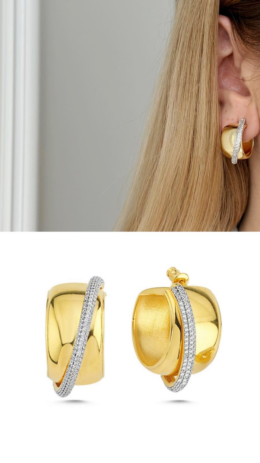 18K Gold Plated Stainless Steel Wide Chunky Pave CZ Cross Band Hoop Earrings Wholesale - CW1VPEARNG00347 | Wholesale Stainless Steel Jewelry Catwalk Jewellery Europe