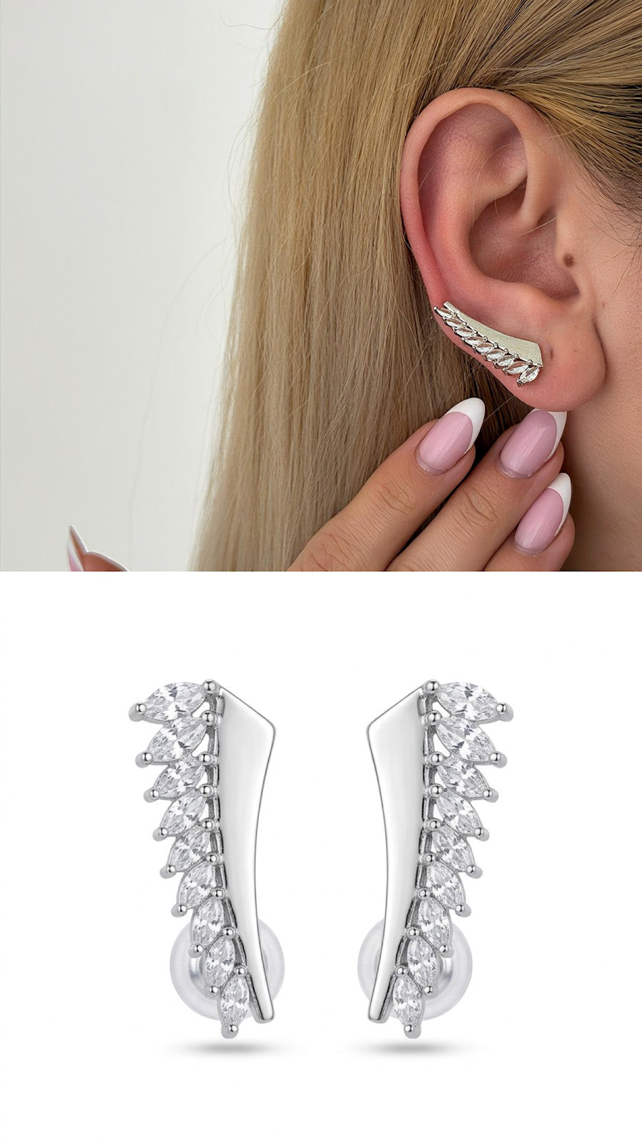 Silver CZ Pave Marquise Cut Curved Ear Climber Earrings - CW1VPEARNG00212 | Wholesale Stainless Steel Jewelry Catwalk Jewellery Europe
