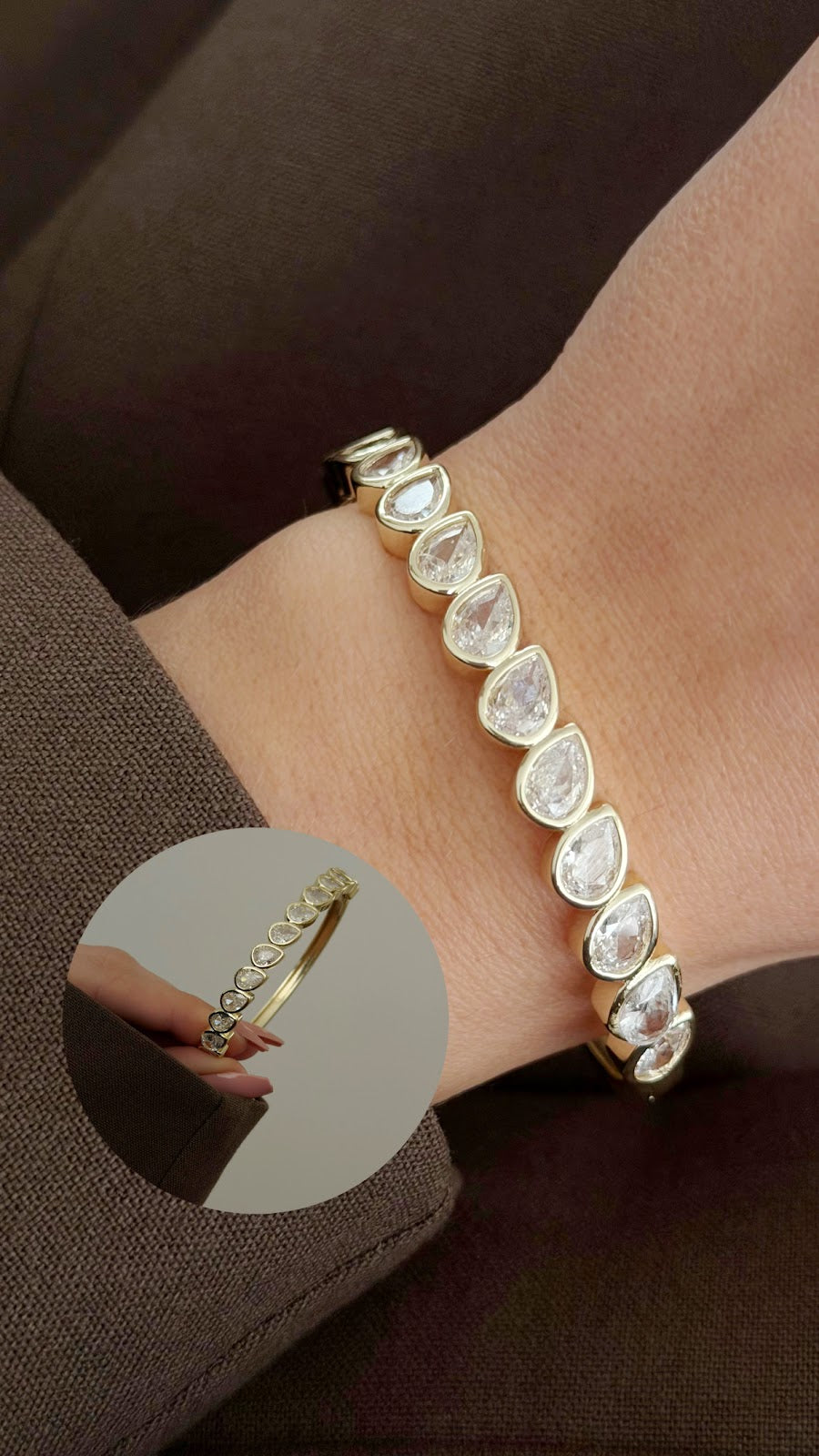 Gold Bezel Teardrop Pear Cut CZ Hinged Cuff Bangle - CW1CUFF0021 | Wholesale Stainless Steel Jewelry Catwalk Jewellery Europe