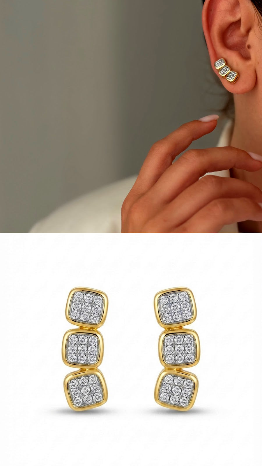 Two Tone CZ Pave Triple Cushion Square Stud Earrings - CW1VPEARNG00186 | Wholesale Stainless Steel Jewelry Catwalk Jewellery Europe