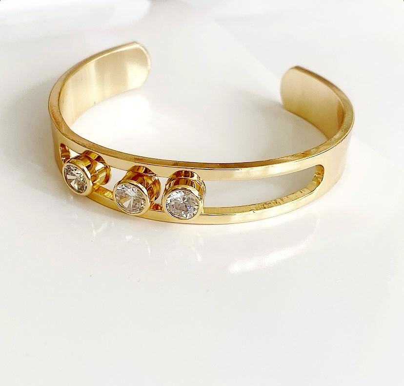 Gold Messika Style Three Moving CZ Bezel Open Cuff Bangle - CW1CUFF002 | Wholesale Stainless Steel Jewelry Catwalk Jewellery Europe