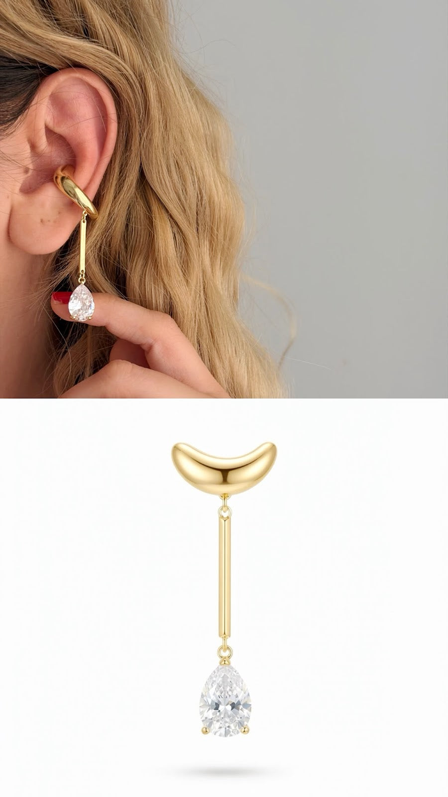 Gold Pear Cut CZ Dangle Drop Ear Cuff - CW1EARCUFF00128 | Wholesale Stainless Steel Jewelry Catwalk Jewellery Europe