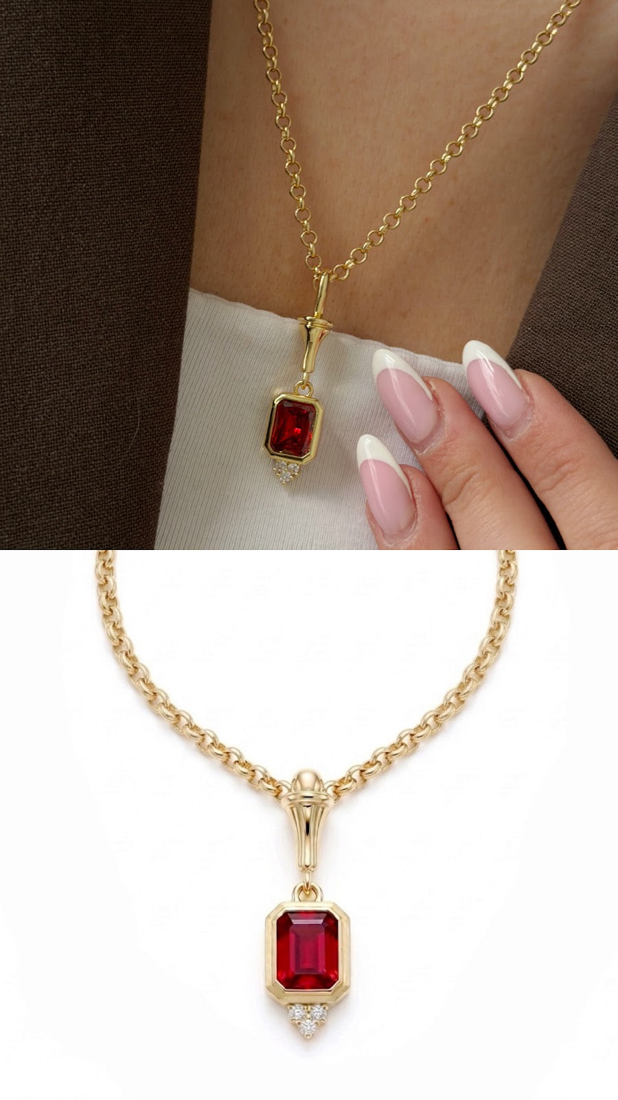 Gold Ruby Red Emerald Cut CZ Bezel Pendant Necklace - CW1NKL0044 | Wholesale Stainless Steel Jewelry Catwalk Jewellery Europe