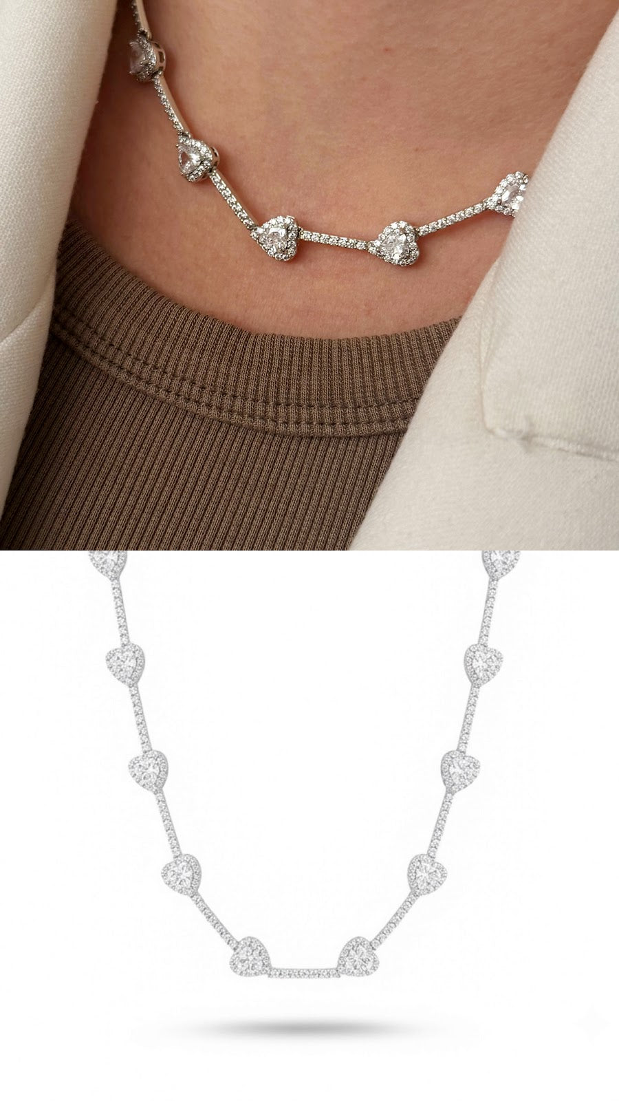 Silver Plated Stainless Steel Pave CZ Halo Heart Station Tennis Necklace Wholesale - CW1NKL00187 | Wholesale Stainless Steel Jewelry Catwalk Jewellery Europe