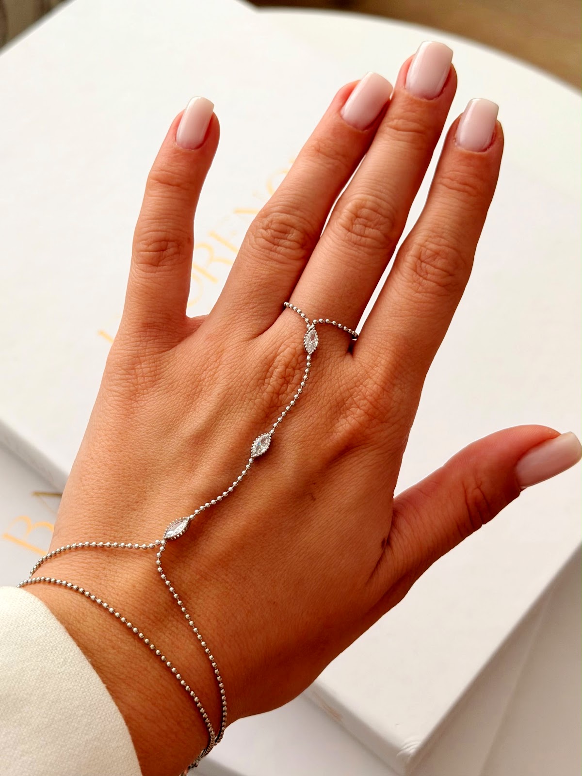 Silver Beaded Station Marquise CZ Pave Hand Chain - CW1HANDCHAIN0029 | Wholesale Stainless Steel Jewelry Catwalk Jewellery Europe
