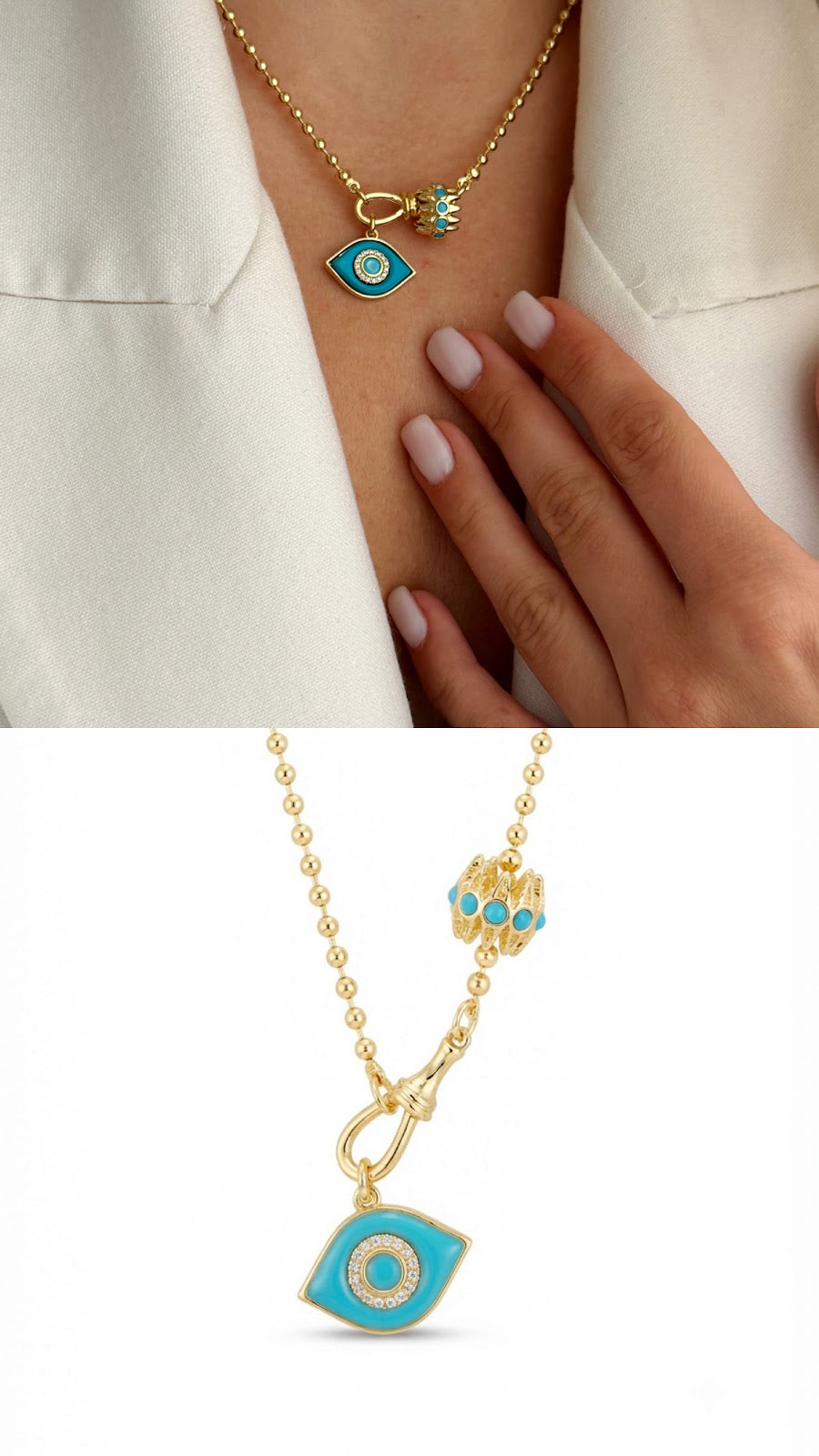 Gold Turquoise Enamel Evil Eye Cage Charm Ball Chain Necklace - CW1NKL0088 | Wholesale Stainless Steel Jewelry Catwalk Jewellery Europe