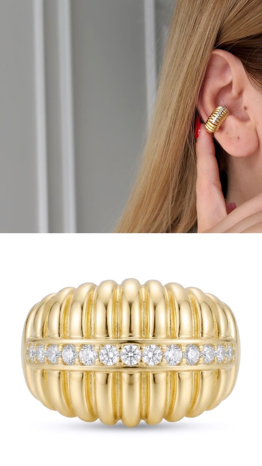 18K Gold Plated Stainless Steel Grooved Ribbed Pave CZ Ear Cuff Wholesale - CW1EARCUFF00161 | Wholesale Stainless Steel Jewelry Catwalk Jewellery Europe