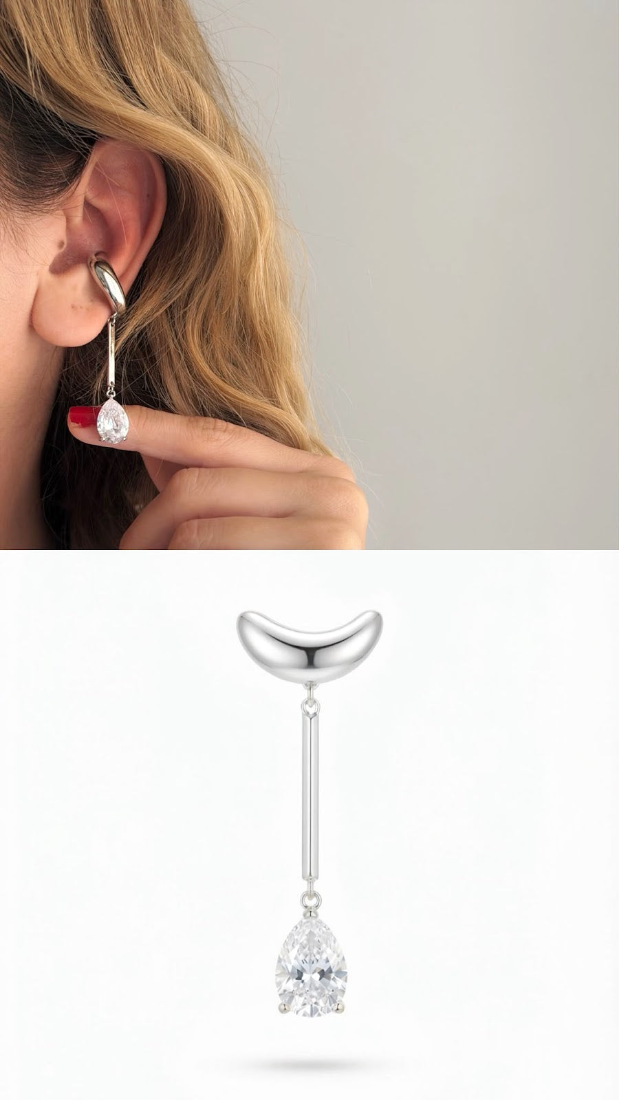 Silver Pear Cut CZ Dangle Drop Ear Cuff - CW1EARCUFF00127 | Wholesale Stainless Steel Jewelry Catwalk Jewellery Europe
