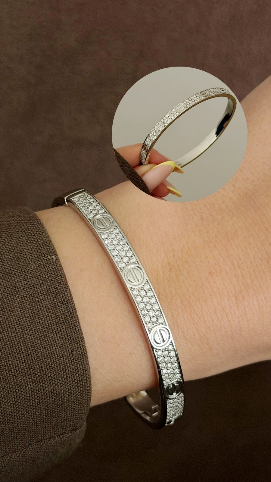 Silver CZ Pave Screw Motif Hinged Cuff Bangle - CW1CUFF0042 | Wholesale Stainless Steel Jewelry Catwalk Jewellery Europe