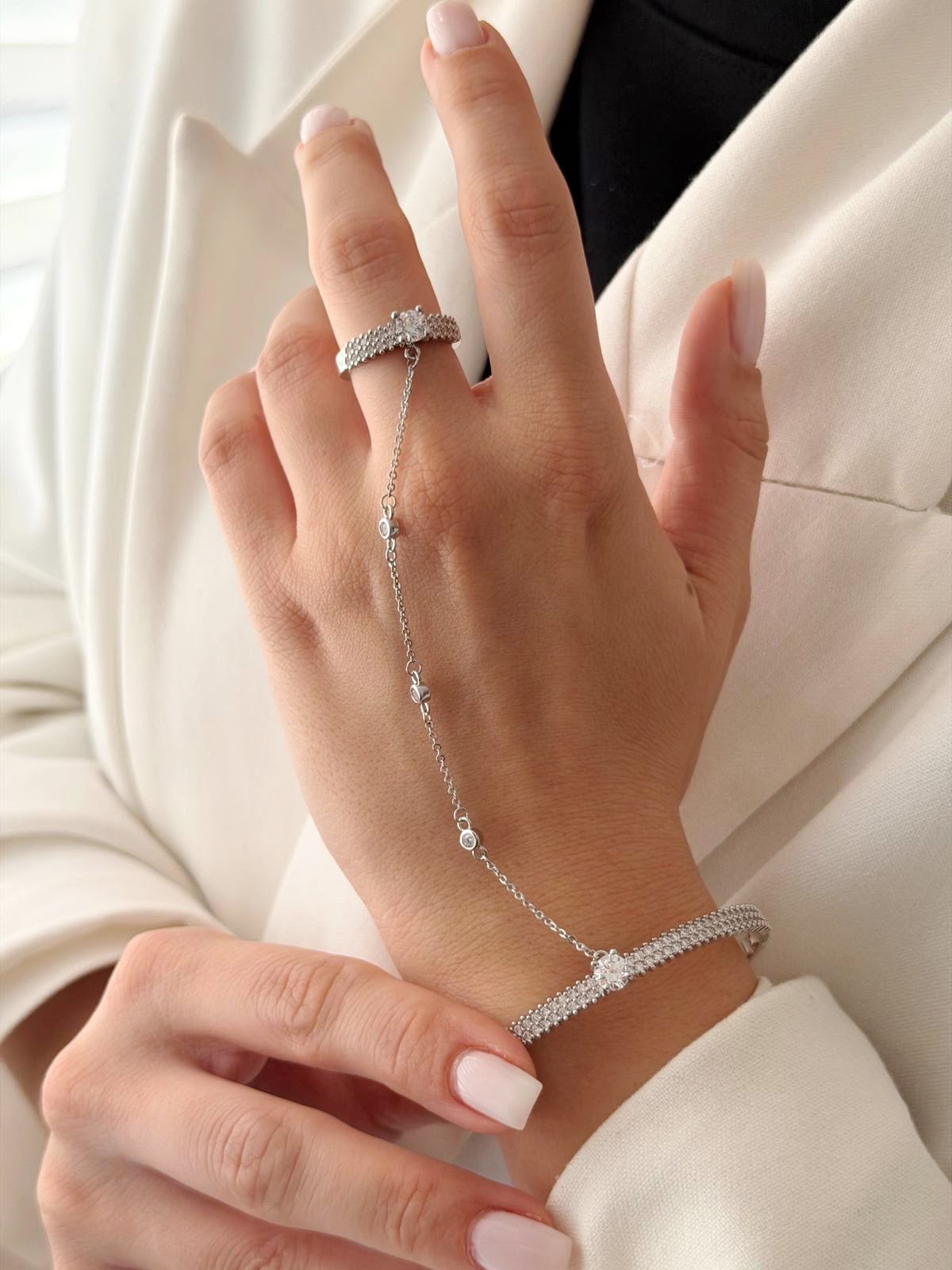 Silver CZ Pave Solitaire Multi Row Bangle Hand Chain - CW1HANDCHAIN00126 | Wholesale Stainless Steel Jewelry Catwalk Jewellery Europe