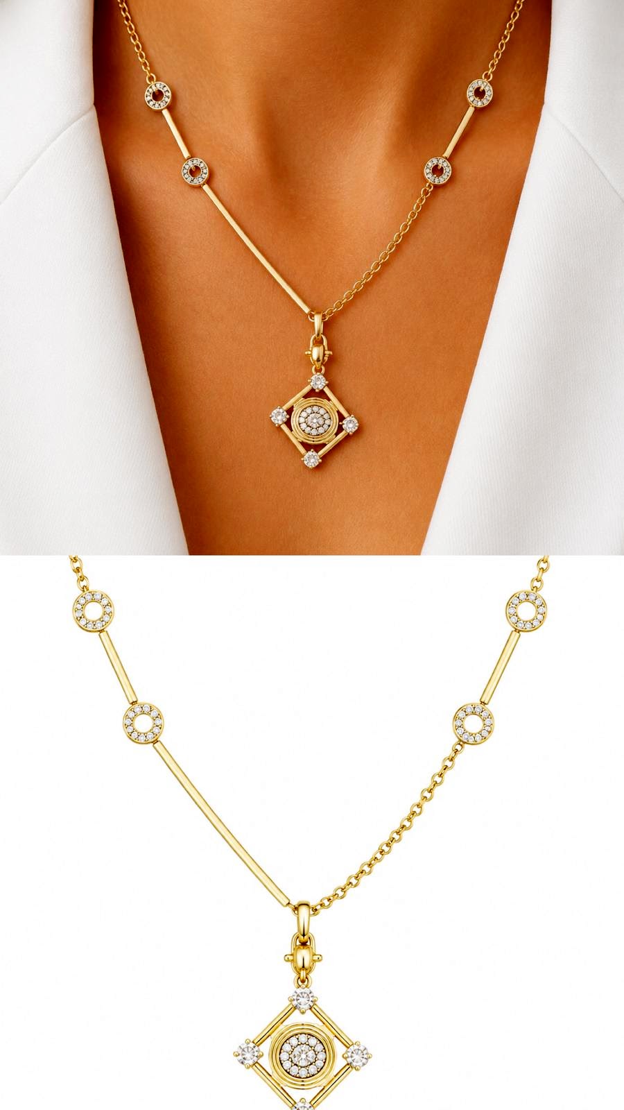 18K Gold Plated Stainless Steel Pave CZ Halo Rhombus Medallion Station Chain Necklace Wholesale - CW1NKL00181 | Wholesale Stainless Steel Jewelry Catwalk Jewellery Europe