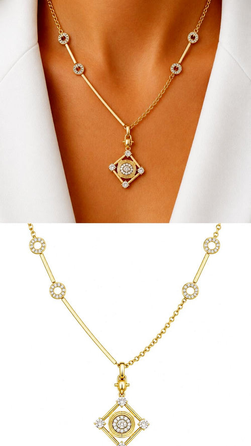 18K Gold Plated Stainless Steel Pave CZ Halo Rhombus Medallion Station Chain Necklace Wholesale - CW1NKL00181 | Wholesale Stainless Steel Jewelry Catwalk Jewellery Europe
