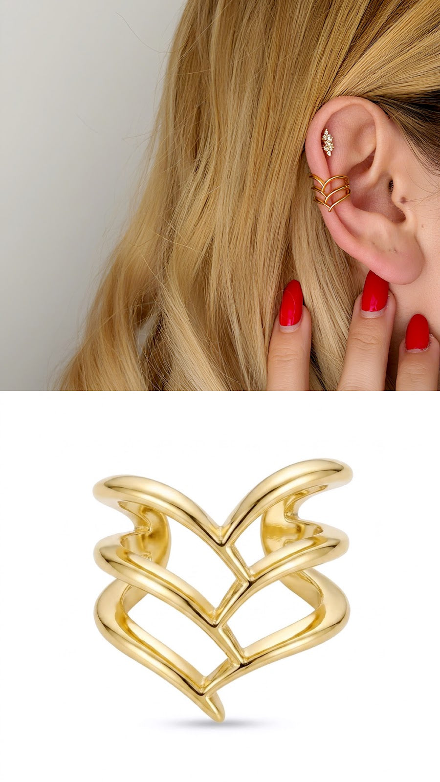 Gold Plain Layered V Shape Wide Ear Cuff - CW1EARCUFF0073 | Wholesale Stainless Steel Jewelry Catwalk Jewellery Europe