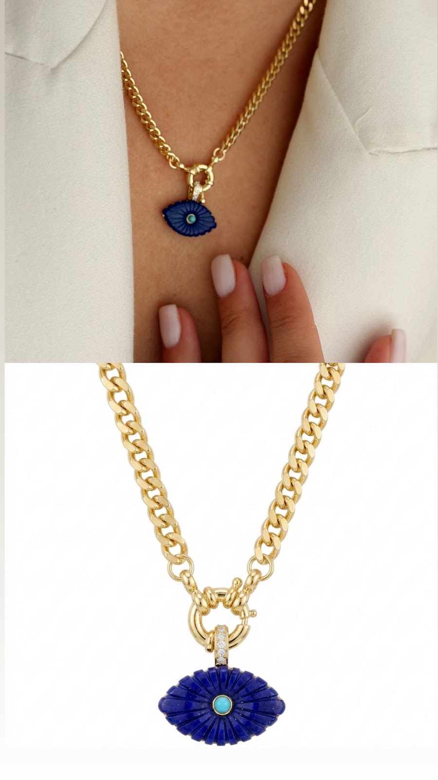 Gold Lapis Blue Carved Evil Eye Curb Chain Necklace - CW1NKL00101 | Wholesale Stainless Steel Jewelry Catwalk Jewellery Europe