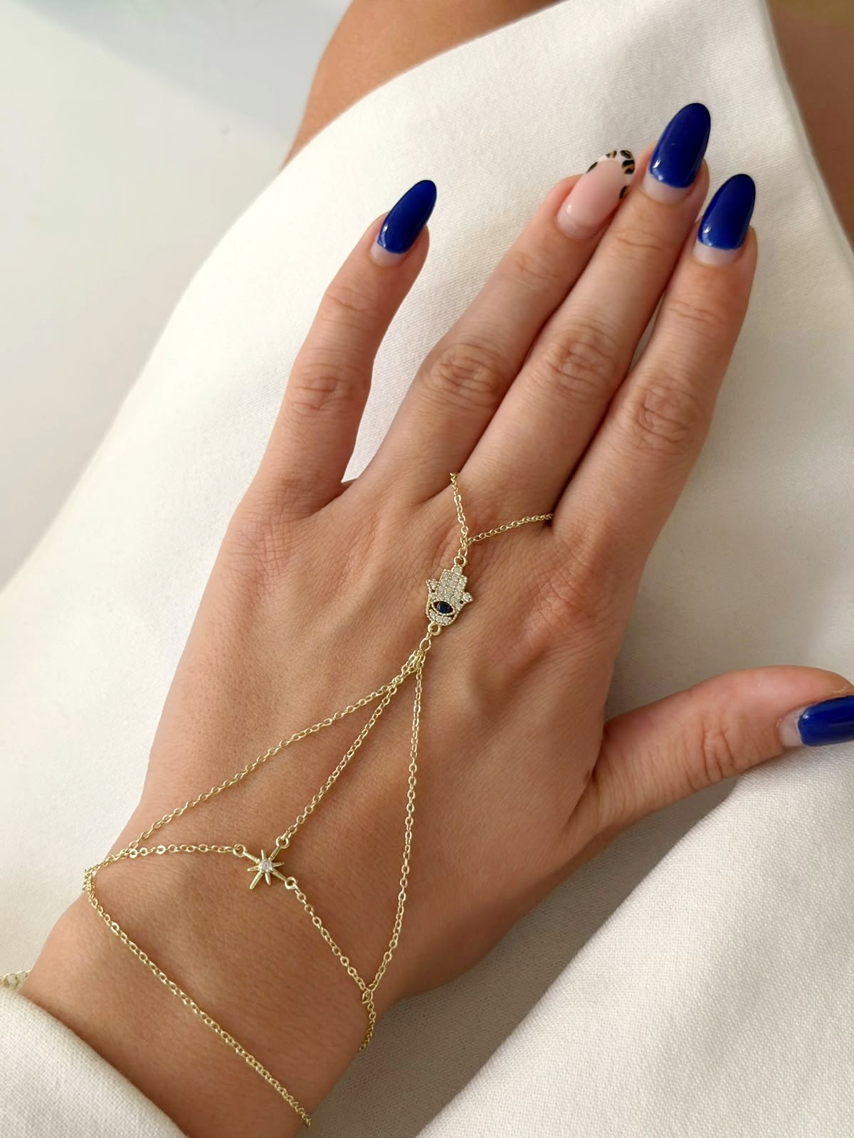 Gold CZ Pave Hamsa Hand North Star Chain Hand Chain - CW1HANDCHAIN0063 | Wholesale Stainless Steel Jewelry Catwalk Jewellery Europe