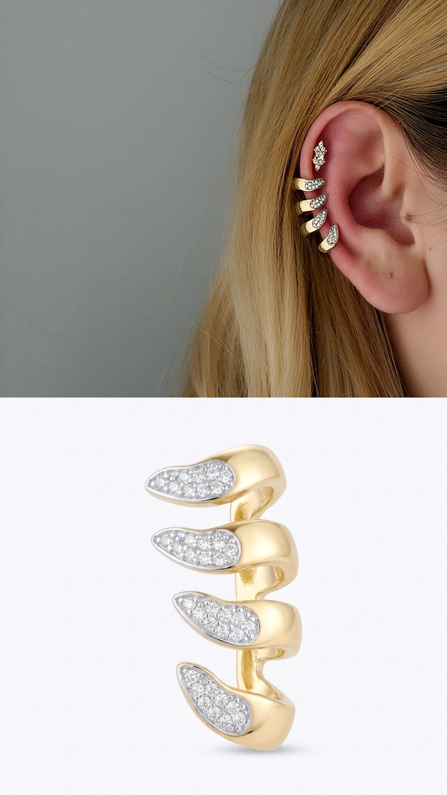 Gold CZ Pave Four Tier Leaf Claw Ear Cuff - CW1EARCUFF0025 | Wholesale Stainless Steel Jewelry Catwalk Jewellery Europe