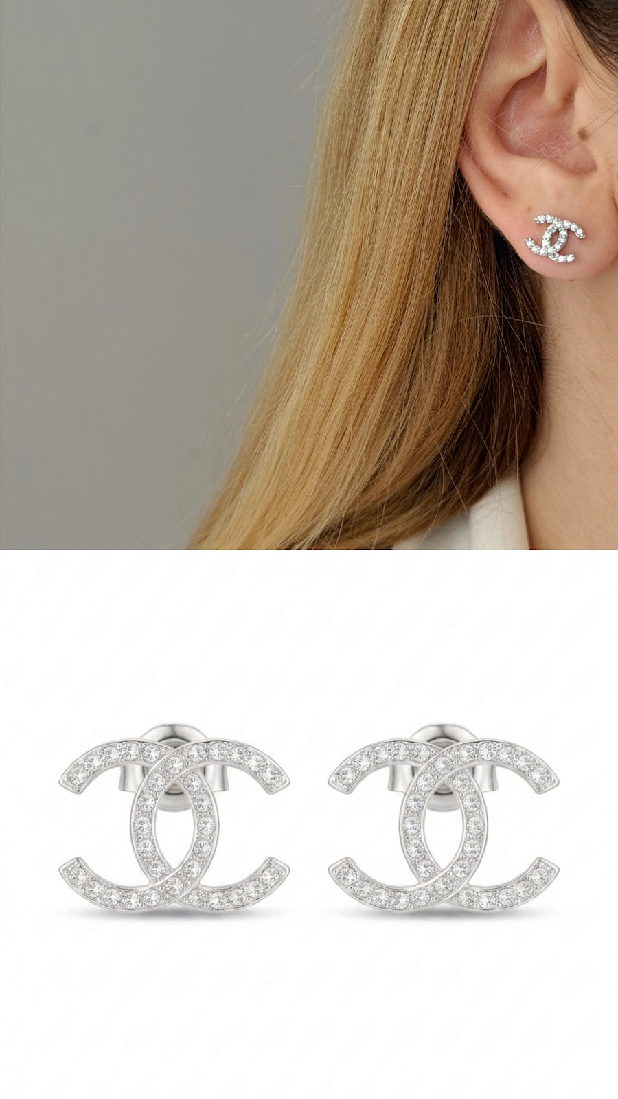 Silver Color 18K Gold Plated Stainless Steel Mini Pave CZ Interlocking C Stud Earrings Wholesale - CW1VPEARNG00329 | Wholesale Stainless Steel Jewelry Catwalk Jewellery Europe