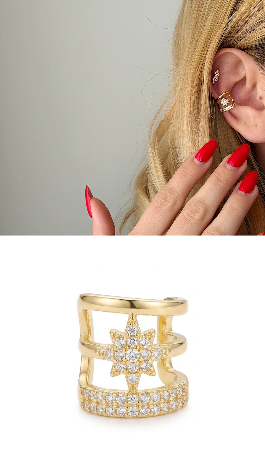 Gold CZ Pave North Star Triple Band Ear Cuff - CW1EARCUFF0071 | Wholesale Stainless Steel Jewelry Catwalk Jewellery Europe