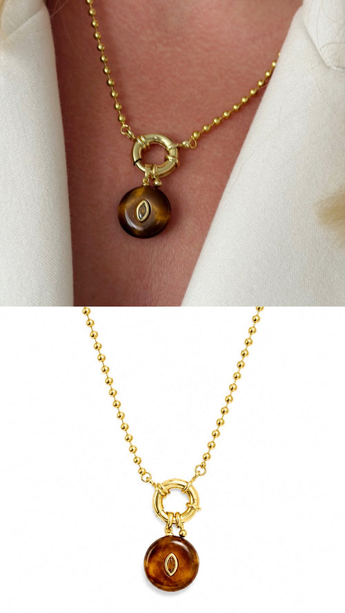 18K Gold Plated Stainless Steel Tiger Eye Stone Mariner Clasp Ball Chain Necklace Wholesale - CW1NKL00164 | Wholesale Stainless Steel Jewelry Catwalk Jewellery Europe
