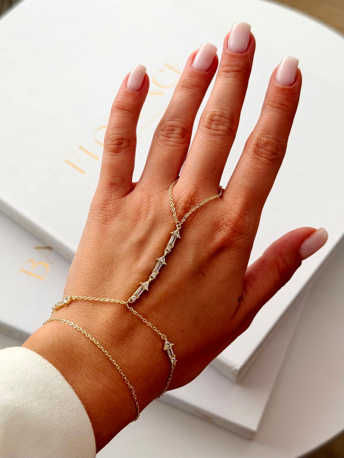 Gold CZ Pave Baguette Triangle Station Hand Chain - CW1HANDCHAIN0027 | Wholesale Stainless Steel Jewelry Catwalk Jewellery Europe
