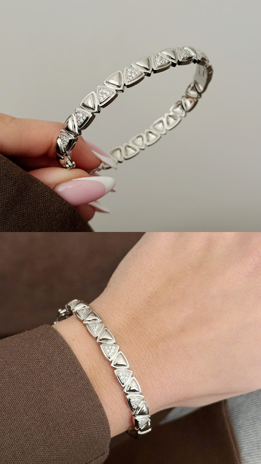 Silver CZ Pave Triangle Geometric Hinged Cuff Bangle - CW1CUFF0033 | Wholesale Stainless Steel Jewelry Catwalk Jewellery Europe