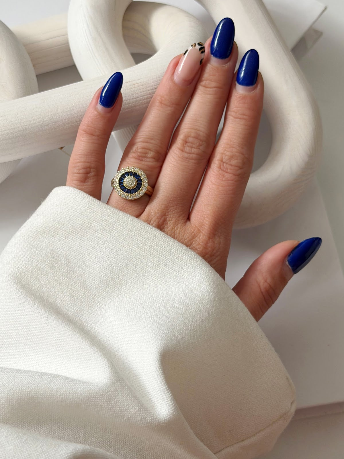 Gold Sapphire Blue And CZ Pave Sunburst Halo Ring - CW1RING00125 | Wholesale Stainless Steel Jewelry Catwalk Jewellery Europe