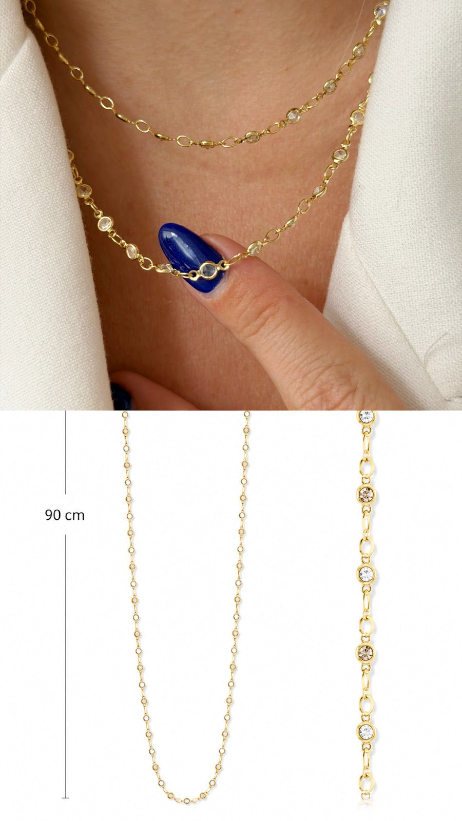 Gold Long Bezel Set CZ Station Chain Necklace - CW1NKL0086 | Wholesale Stainless Steel Jewelry Catwalk Jewellery Europe