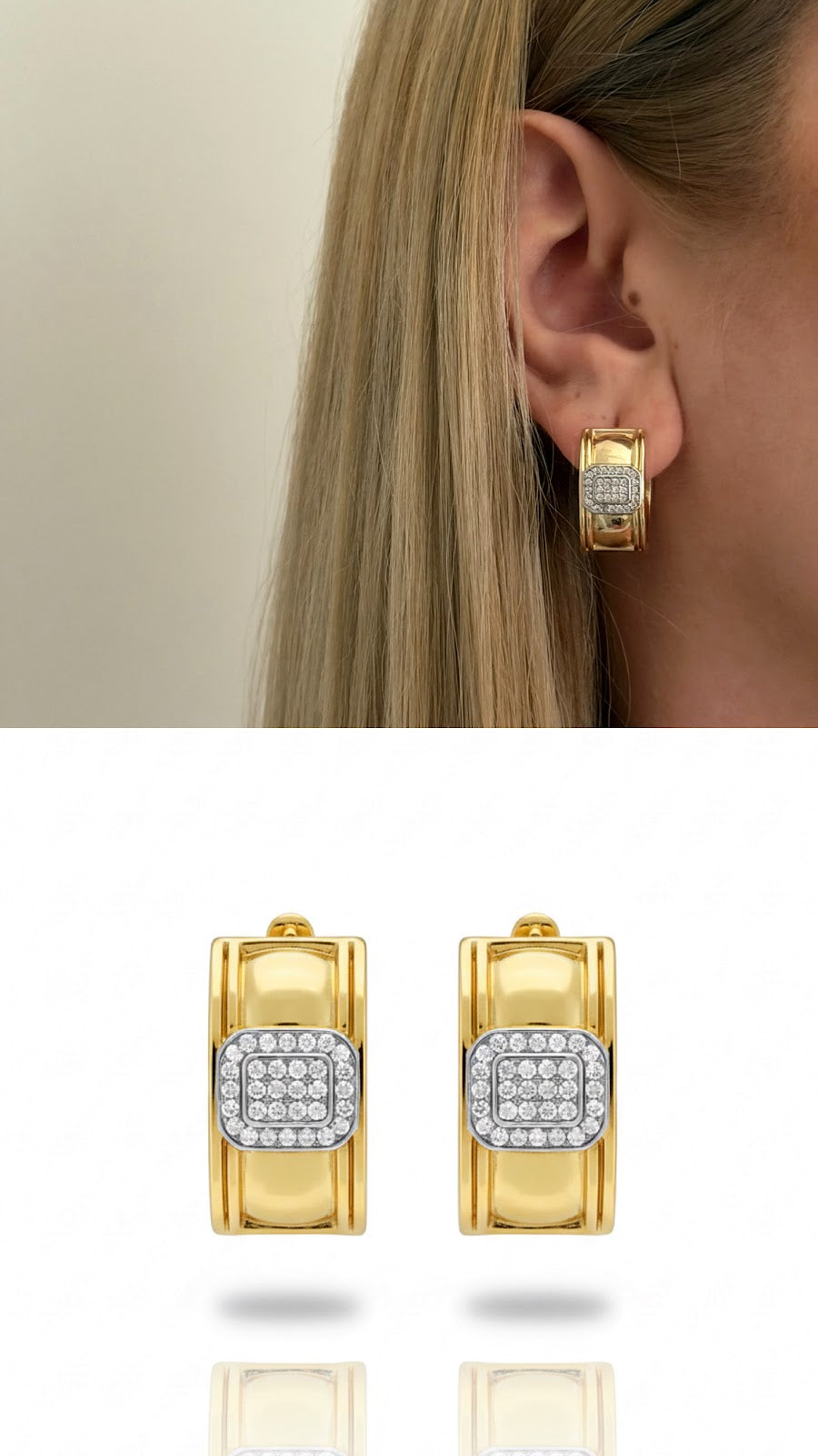 Gold Wide Chunky Revival Hoops Square CZ Pave Center Bold Power Dressing Earrings - CW1VPEARNG00237 | Wholesale Stainless Steel Jewelry Catwalk Jewellery Europe