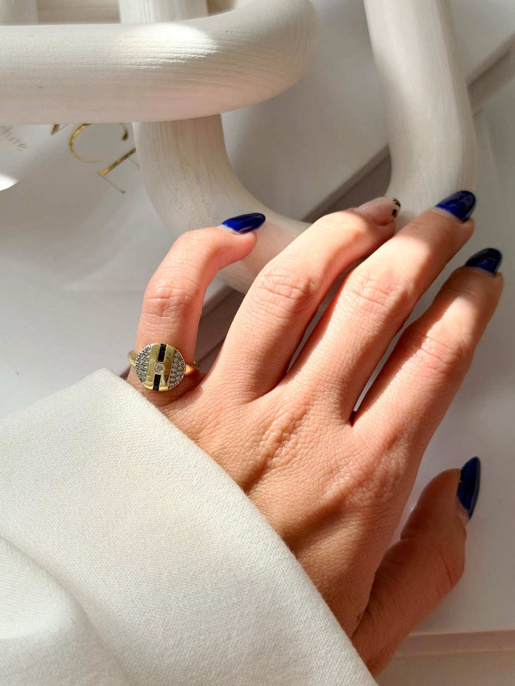 Gold CZ Pave Round Signet Ring With Black Enamel Line wholesale jewelry RINGS Catwalk Jewellery Europe