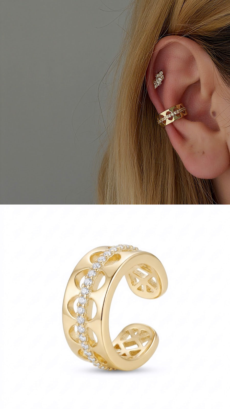 Gold Heart Cutout Band Ear Cuff With CZ Pave Center Stripe - CW1EARCUFF0079 | Wholesale Stainless Steel Jewelry Catwalk Jewellery Europe