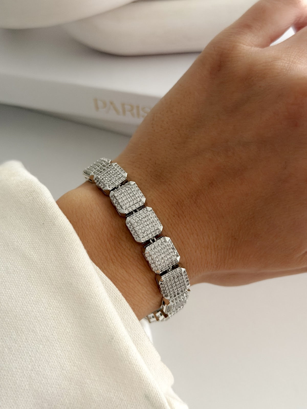 Silver CZ Pave Square Cushion Link Bracelet - CW1VPBRCLT00252 | Wholesale Stainless Steel Jewelry Catwalk Jewellery Europe