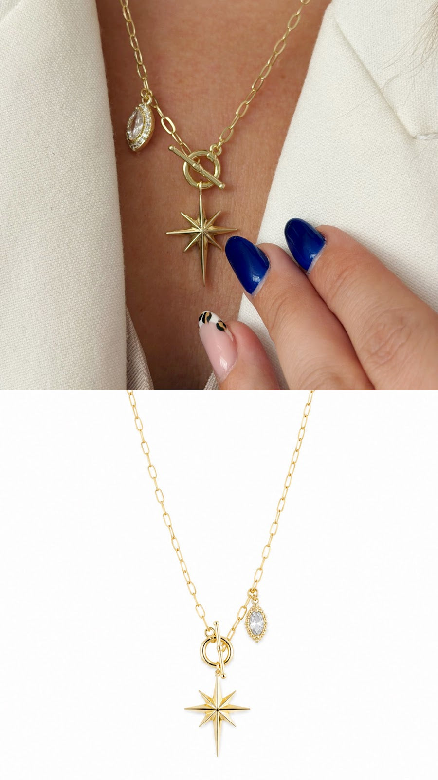 Gold CZ Pave North Star Marquise Charm Toggle Clasp Necklace - CW1NKL0033 | Wholesale Stainless Steel Jewelry Catwalk Jewellery Europe