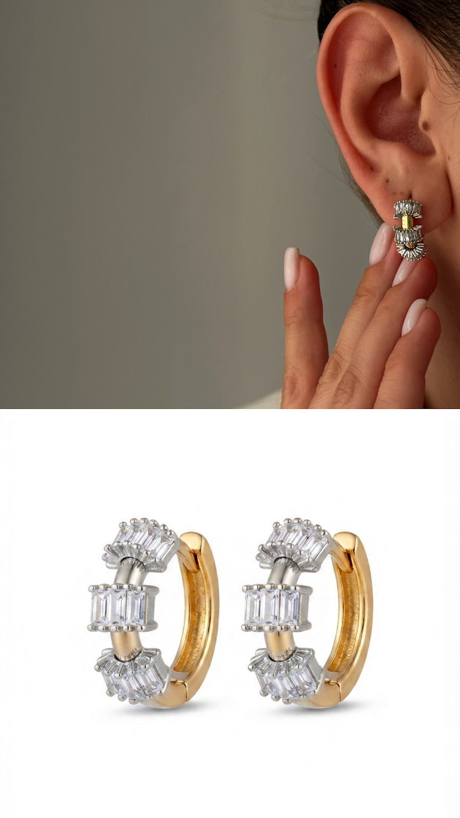 Two Tone Baguette CZ Cluster Accent C Hoop Statement Earrings - CW1VPEARNG00272 | Wholesale Stainless Steel Jewelry Catwalk Jewellery Europe
