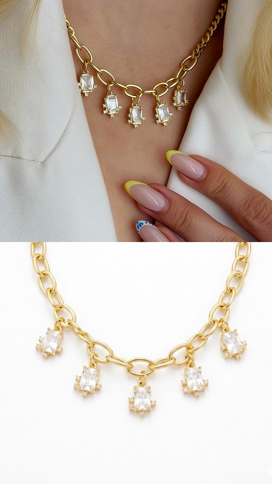 Gold Emerald Cut CZ Dangle Fringe Chunky Chain Necklace - CW1NKL00103 | Wholesale Stainless Steel Jewelry Catwalk Jewellery Europe