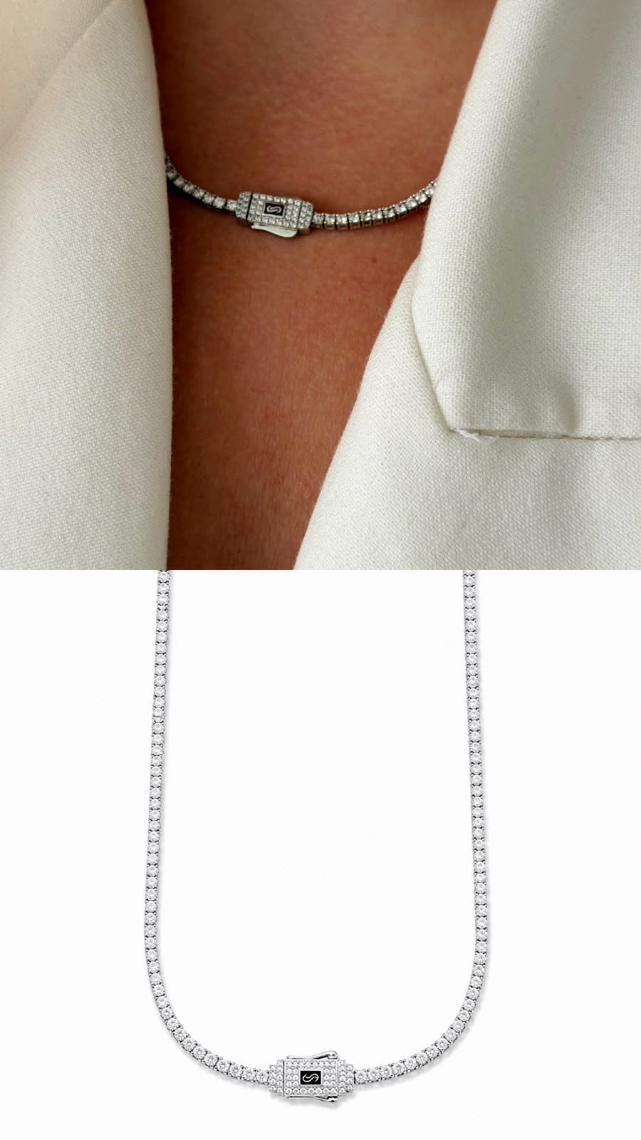 Silver CZ Solitaire Monaco Clasp Tennis Necklace - CW1NKL00151 | Wholesale Stainless Steel Jewelry Catwalk Jewellery Europe