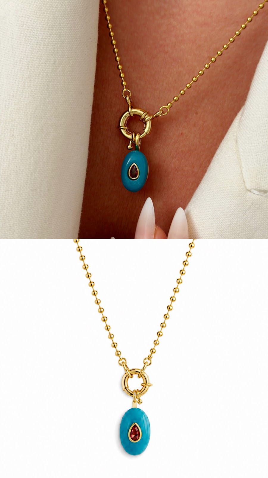 18K Gold Plated Stainless Steel Turquoise Oval Resin Red CZ Mariner Clasp Ball Chain Necklace Wholesale - CW1NKL00168 | Wholesale Stainless Steel Jewelry Catwalk Jewellery Europe