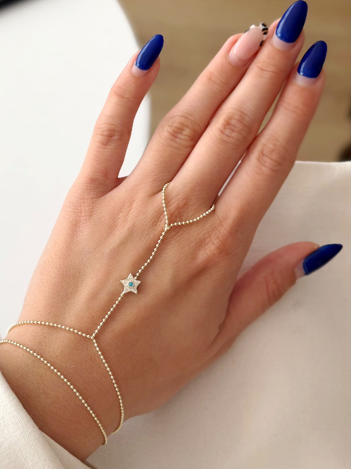 Gold CZ Pave Star Turquoise Beaded Chain Hand Chain - CW1HANDCHAIN0058 | Wholesale Stainless Steel Jewelry Catwalk Jewellery Europe