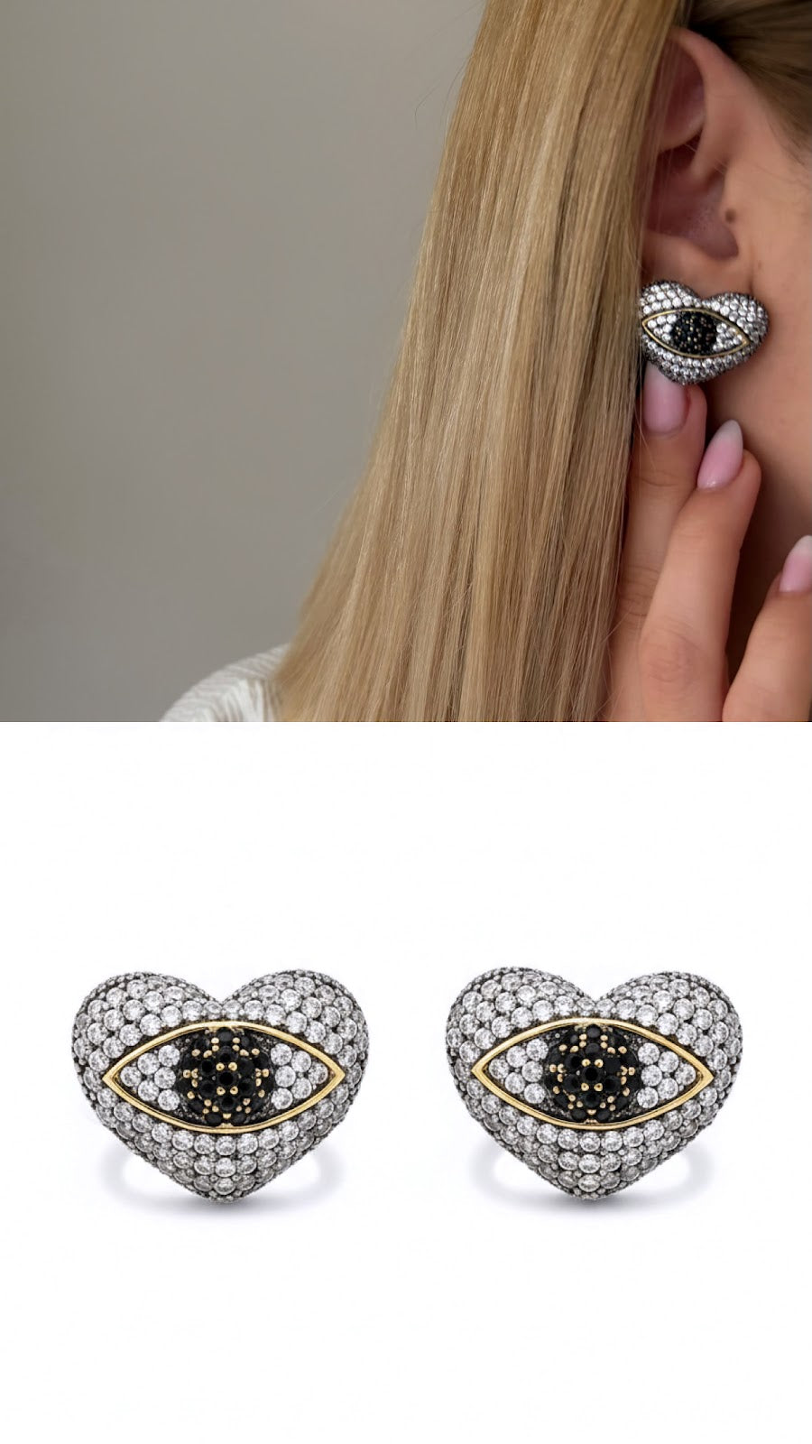 Two Tone CZ Pave Heart Evil Eye Motif Statement Stud Earrings - CW1VPEARNG00310 | Wholesale Stainless Steel Jewelry Catwalk Jewellery Europe