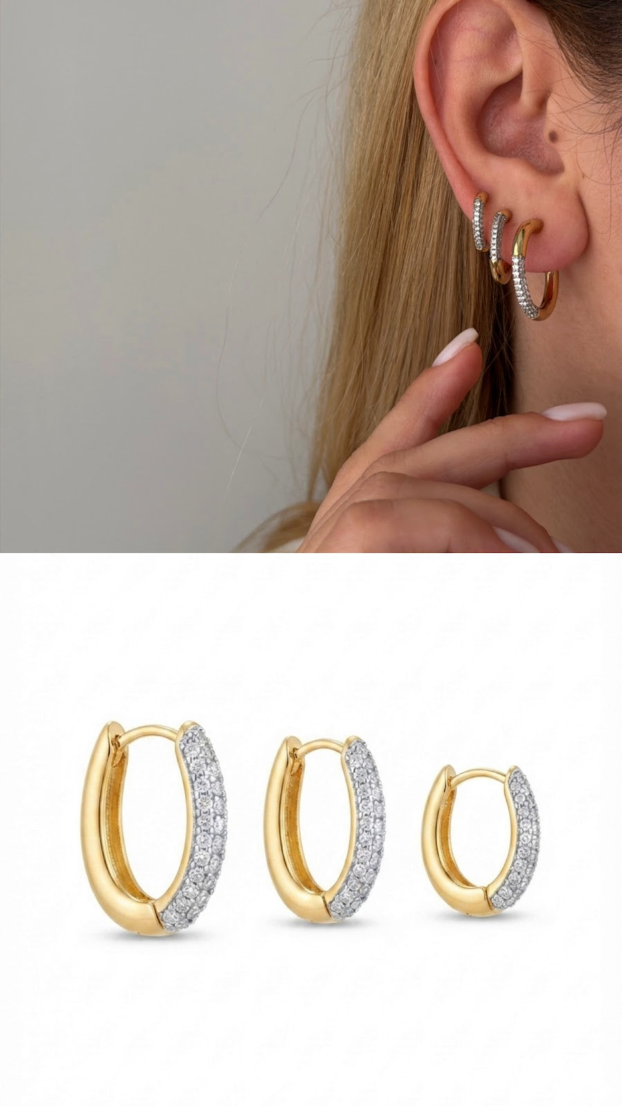 Gold CZ Pave Oval Huggie Hoop Graduated Set Of 3 - CW1VPEARNG00293 | Wholesale Stainless Steel Jewelry Catwalk Jewellery Europe