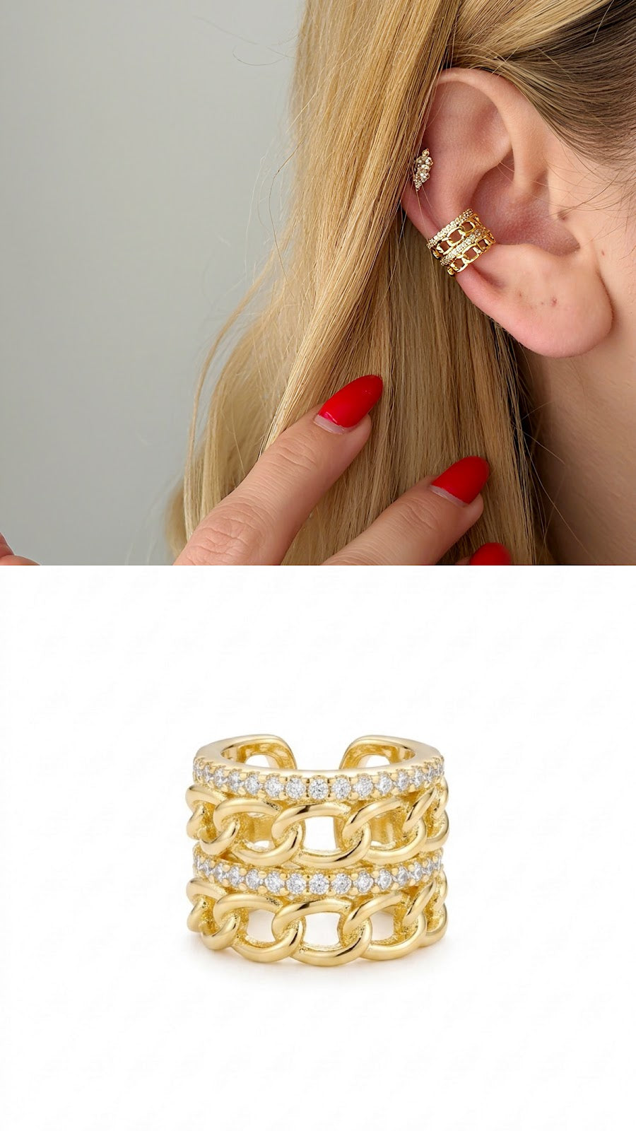 Gold CZ Pave Curb Chain Link Wide Ear Cuff - CW1EARCUFF0069 | Wholesale Stainless Steel Jewelry Catwalk Jewellery Europe