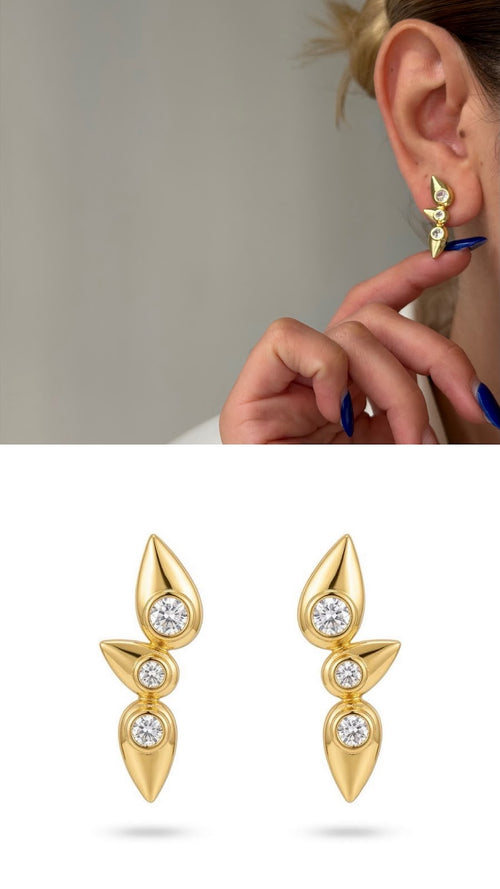 Gold Bezel CZ Geometric Teardrop Ear Climber Earrings - CW1VPEARNG00140 | Wholesale Stainless Steel Jewelry Catwalk Jewellery Europe